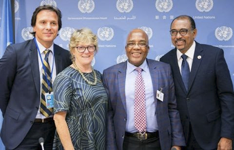 Marmora, Davies, Motsoaledi y Sidibé durante la conferencia de prensa en la ONU